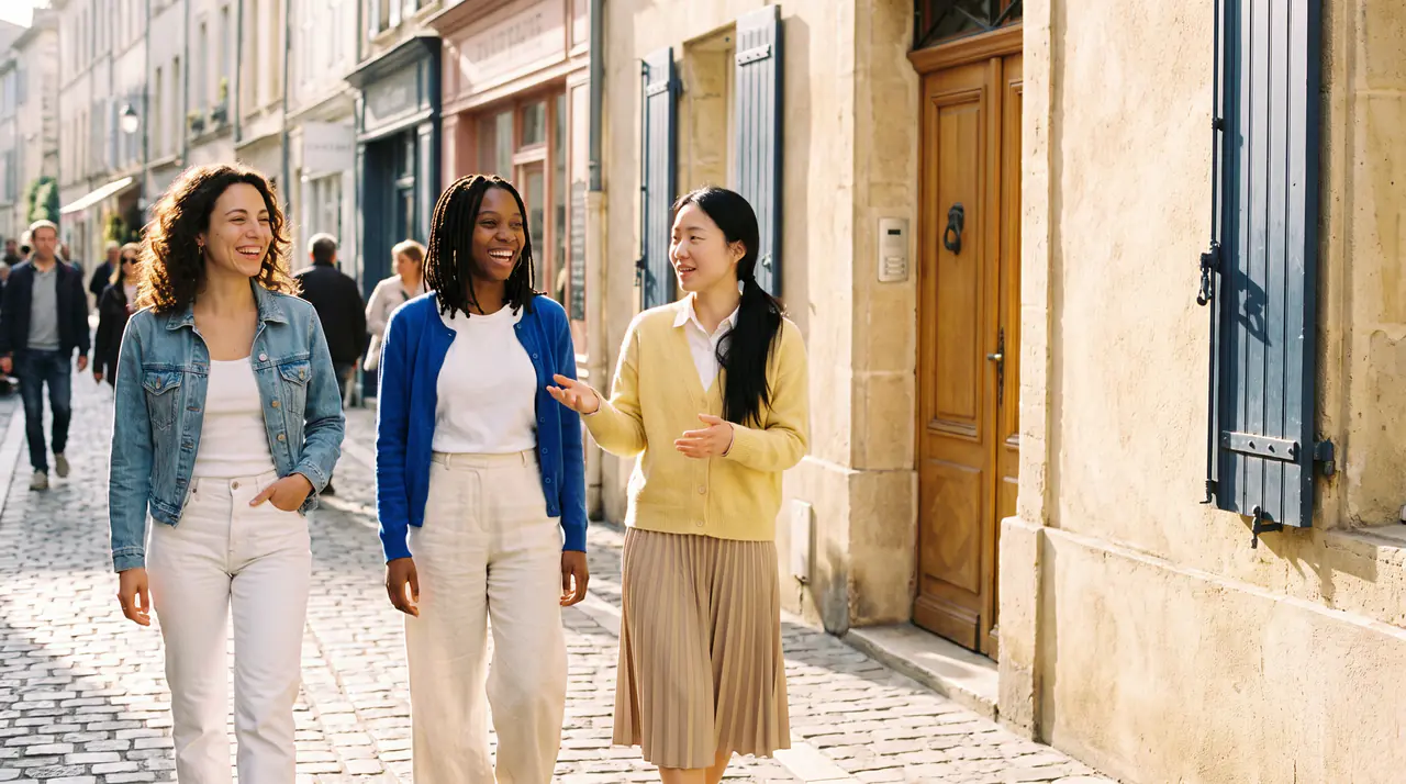 Drei junge Frauen mit drei ganz verschiedenen Looks gehen lachend durch eine Altstadtgasse.